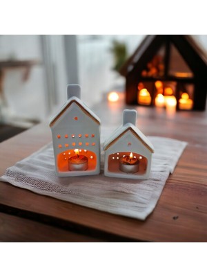 Seramik 2'li Küçük Ev Figürlü Dekoratif Mumluk Seti, Şık ve Şık Tasarım