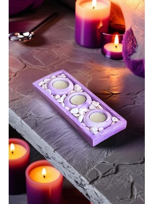 Mor ve Beyaz Desenli Sunum Tepsisi ile 3'lü Yuvarlak Mumluk Seti (Çakıl Taşı ve Mum Dahil)