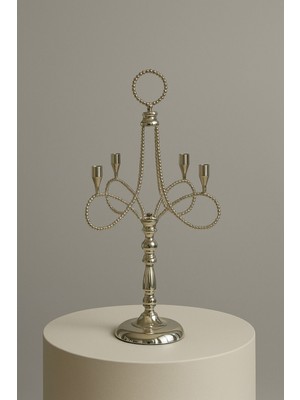 Gümüş Renk 4 Kollu Dikey Metal Şamdan - 51 cm Dekoratif Mumluk