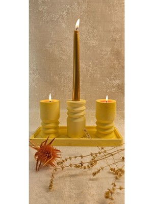 Şık Beton Tealight Mumluk ve Sunum Tabağı Seti, Sarı Renkli Dekoratif Ürün