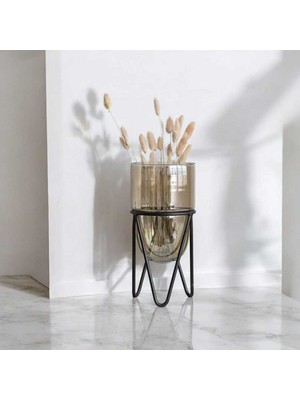 Şık Metal Standlı Cam Sütun Mumluk, Siyah-Kahverengi, Dekoratif ve Zarif Tasarım
