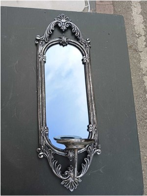 Şık Dikdörtgen Aynalı Mumluk Takımı, Gümüş Eskitme, Dekoratif ve Zarif Tasarım