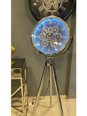 Gri Metal Krom Ayaklı Çarklı Saatli LED Tripod, Şık ve Dayanıklı Tasarım