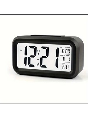 Siyah Dijital Masa Saati, Gece Görüş Sensörlü, Termometreli Takvim ve Çalar Saat
