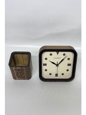 Şık Ahşap Masa Saati ve Kalemlik, Sessiz Mekanizma, Ofis Dekorasyonu