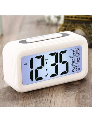 Şık Beyaz Dijital Masa Saati, LED Ekran, Pilli, Alarmlı, Pratik ve Kullanışlı