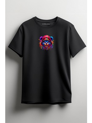 Merch&ice Kapşonlu Renkli Ayı Baskılı Unisex T-Shirt Siyah