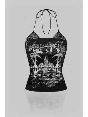 Dantelli Siyah Embrace The Chaos Gotik Y2K Boyundan Bağlamalı Crop