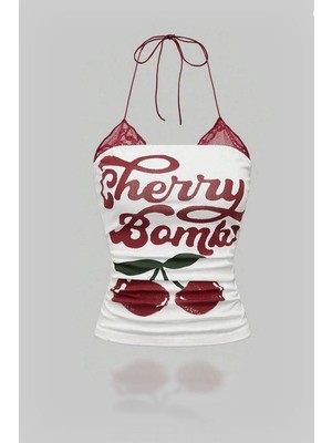 Beyaz Cherry Bomb Dantelli Ek Y2K Askılı Crop