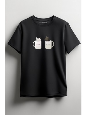 Merch&ice Milk Coffee Cats Önü Baskılı Unisex Tişört Siyah