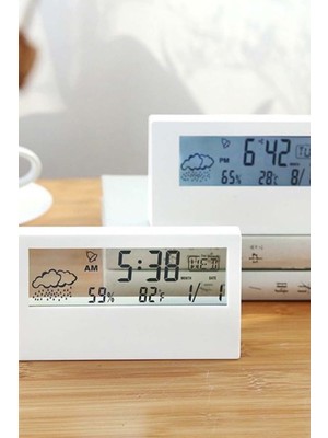 Beyaz Masa Üstü Dijital Saat, Hava Göstergeli, Sıcaklık ve Nem Ölçer, Ertelemeli Özellikli