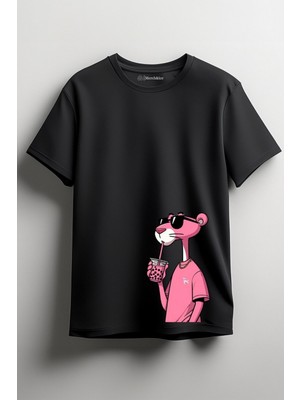 Merch&ice Pembe Panter Alt Tarafa Baskılı Unisex T-Shirt Siyah