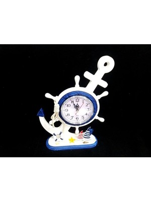 Beyaz Gemi Dümeni ve Çapa Şekilli Masa Saati, 33X22 Cm, Dekoratif Tasarım