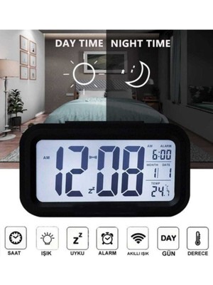Işıklı ve Fotoselli Dijital Masa Saati, Termometreli, Şık Siyah Tasarım