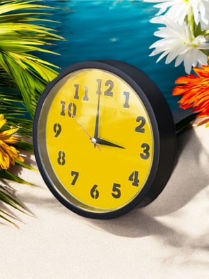 Sarı Siyah Plastiği Şık Duvar Saati, 22 Cm, Ofis ve Salon Dekorasyonu