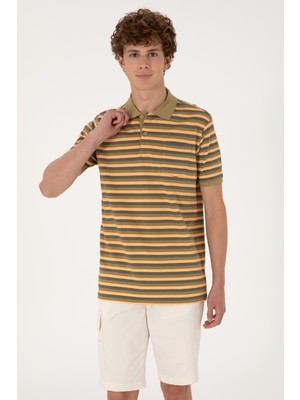 U.S. Polo Assn. Erkek Regular Fit Haki Polo Yaka Çizgili Tişört 50306794-VR027