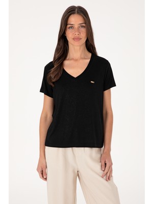 U.S. Polo Assn. Kadın Siyah Simli V Yaka Tişört 50305781-VR046