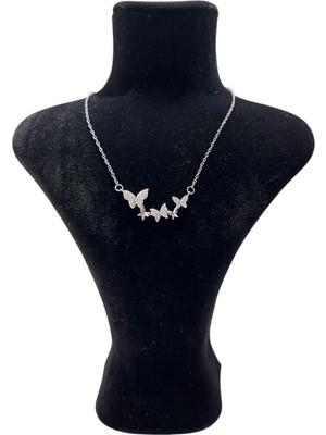 Kadın Gümüş Renk Kelebek Detaylı Taşlı Kolye – Paslanmaz Çelik –– Şık Tasarım