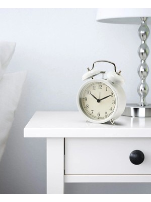 Beyaz Nostaljik Çalar Saat, Çap 10 Cm, Yükseklik 14 Cm, Dayanıklı Çelik Tasarım