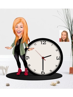 Kişiye Özel Renkli Karikatürlü Ahşap Biblo ve Masa Saati Seti