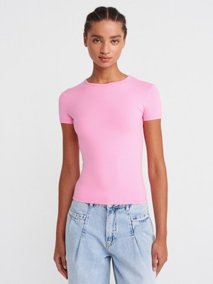 31906 Vücuda Oturan Kısa Kollu T-Shirt-Pembe