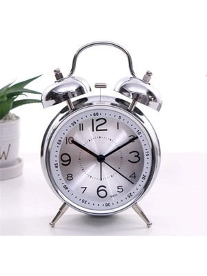 Gümüş Renkli Nostaljik Çift Çanlı Işıklı Metal Çalar Saat