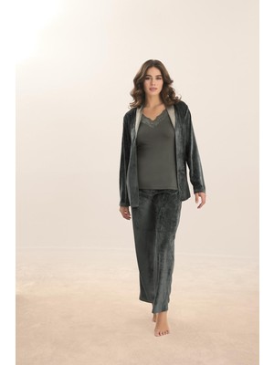 Kadın Kadife3 Lü Koyu Yeşil Sabahlık & Pijama Takım C0T9N1O61