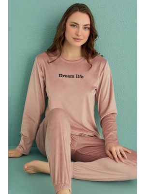 Coton House Kadın Uzun Kol Kadife Pudra Pijama Takımı C1T3N1O64-8