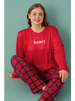 Kadın Büyük Beden Uzun Kol Kırmızı Pijama Takım C5T0N8O02-2