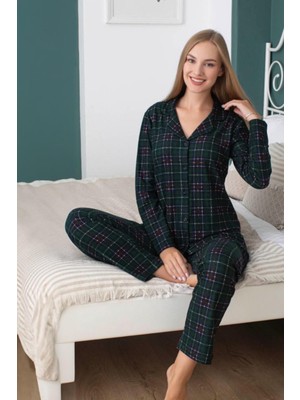 Kadın Uzun Kol Önden Düğmeli Koyu Yeşil Pijama Takım 6146