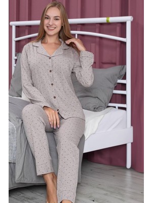 Coton House Kadın Uzun Kol Önden Düğmeli Kahve Pijama Takım 6149