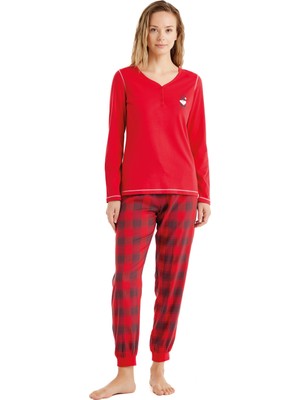 Kadın Uzun Kol Kırmızı %100 Pamuk Pijama Takım C3T2N6O15