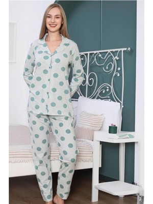 Kadın Uzun Kol Önden Düğmeli Açık Yeşil Pamuklu Pijama Takım 6113