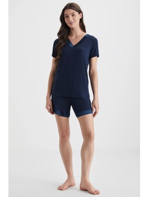Kadın Lacivert Viskon V Yaka Ev Giyim Takımı / Pijama Şort Takımı C4T3N72