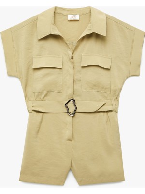 Koton Kısa Kollu Gömlek Yaka Cepli Kemerli Modal Kısa Tulum