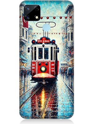 Realme 7i Uyumlu Yağmurlu Sokakta Kırmızı Tramvay  Desenli Silikon Kılıf