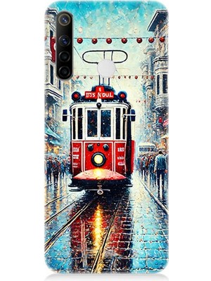 Realme 6i Uyumlu Yağmurlu Sokakta Kırmızı Tramvay  Desenli Silikon Kılıf