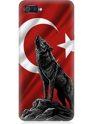 Realme C2 Uyumlu Bayrak Önünde Uluyan Kurt  Desenli Silikon Kılıf