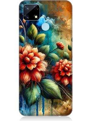 Realme C25 Uyumlu Kırmızı Çiçek ve Tomurcuklar  Desenli Silikon Kılıf