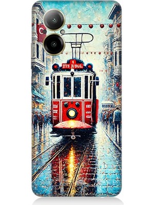 Realme 12 Lite Uyumlu Yağmurlu Sokakta Kırmızı Tramvay  Desenli Silikon Kılıf