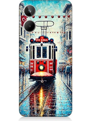 Realme 10 Uyumlu Yağmurlu Sokakta Kırmızı Tramvay  Desenli Silikon Kılıf