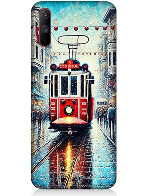 Realme C3 Uyumlu Yağmurlu Sokakta Kırmızı Tramvay  Desenli Silikon Kılıf