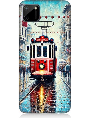 Realme C11 Uyumlu Yağmurlu Sokakta Kırmızı Tramvay  Desenli Silikon Kılıf