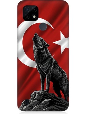 Realme C21 Uyumlu Bayrak Önünde Uluyan Kurt  Desenli Silikon Kılıf