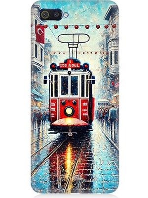 Realme C2 Uyumlu Yağmurlu Sokakta Kırmızı Tramvay  Desenli Silikon Kılıf