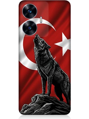 Realme C55 Uyumlu Bayrak Önünde Uluyan Kurt  Desenli Silikon Kılıf