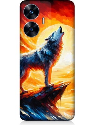 Realme C55 Uyumlu Kayalıkta Uluyan Kurt Yalnızlığı  Desenli Silikon Kılıf