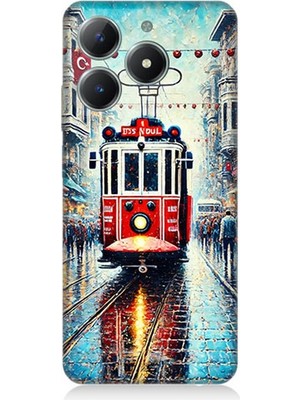 Realme C61 Uyumlu Yağmurlu Sokakta Kırmızı Tramvay  Desenli Silikon Kılıf