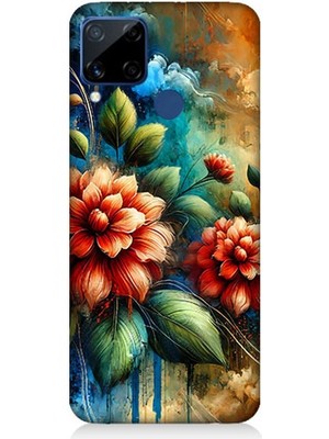 Realme C15 Uyumlu Kırmızı Çiçek ve Tomurcuklar  Desenli Silikon Kılıf