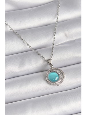 Toptan Bulurum 316L Çelik Gümüş Renk Mavi Sedefli Hilal Model Kadın Kolye